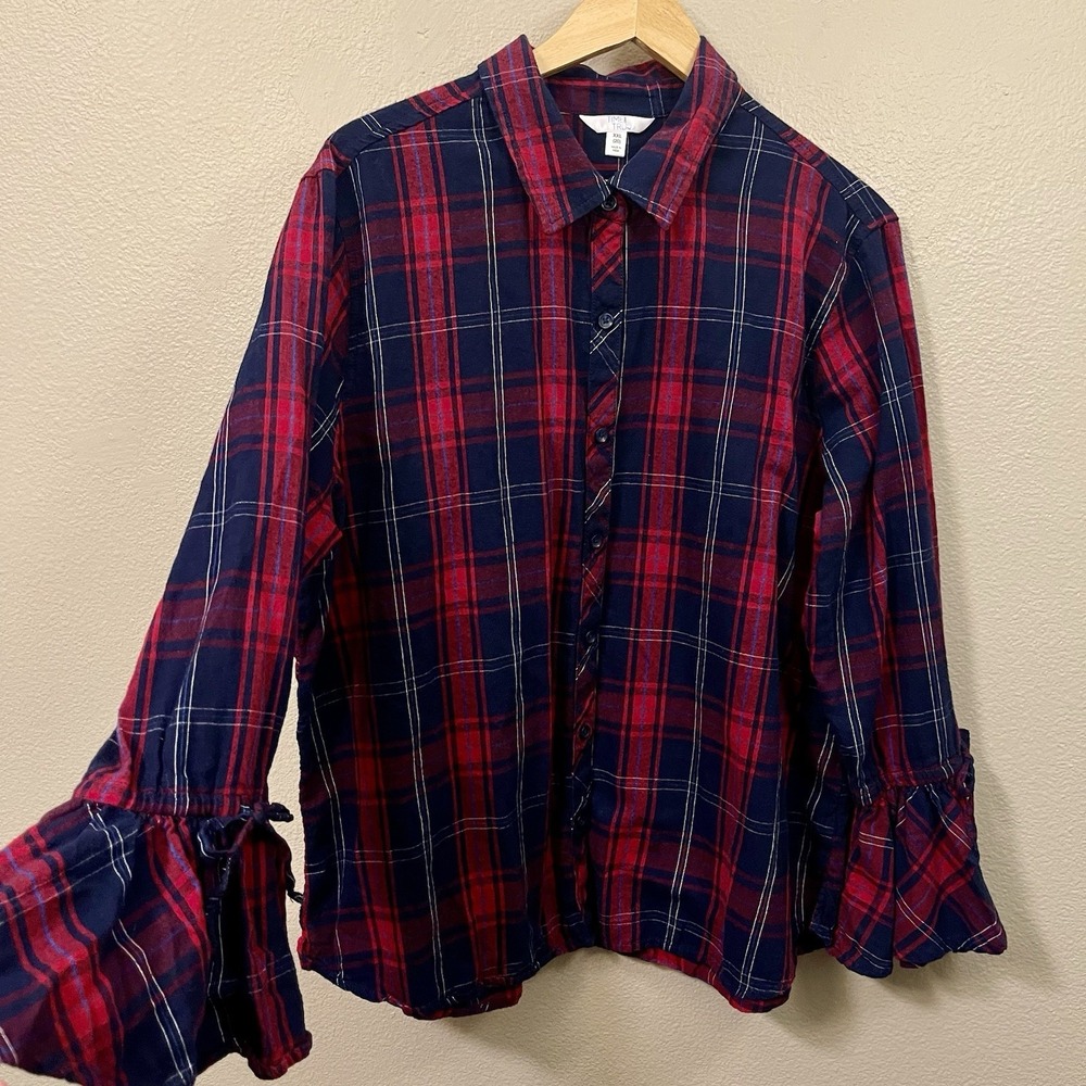 Time & True Bell Sleeves Flannel Shirt Navy Red Cotton Button Up Western Sz XXL